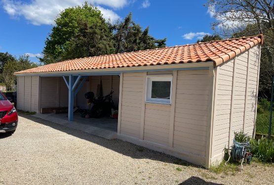 Abri de jardin en béton aspect bois 1 pente avec auvent